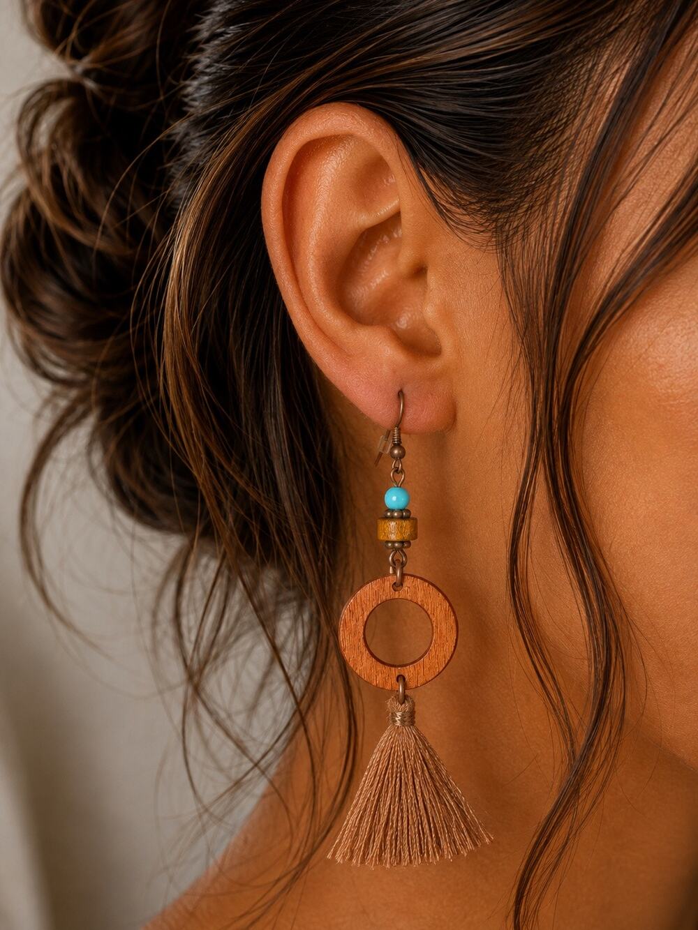 Bogo free Wood Turquoise Bead Tassel Dangle Earrings Brown Festival Statement